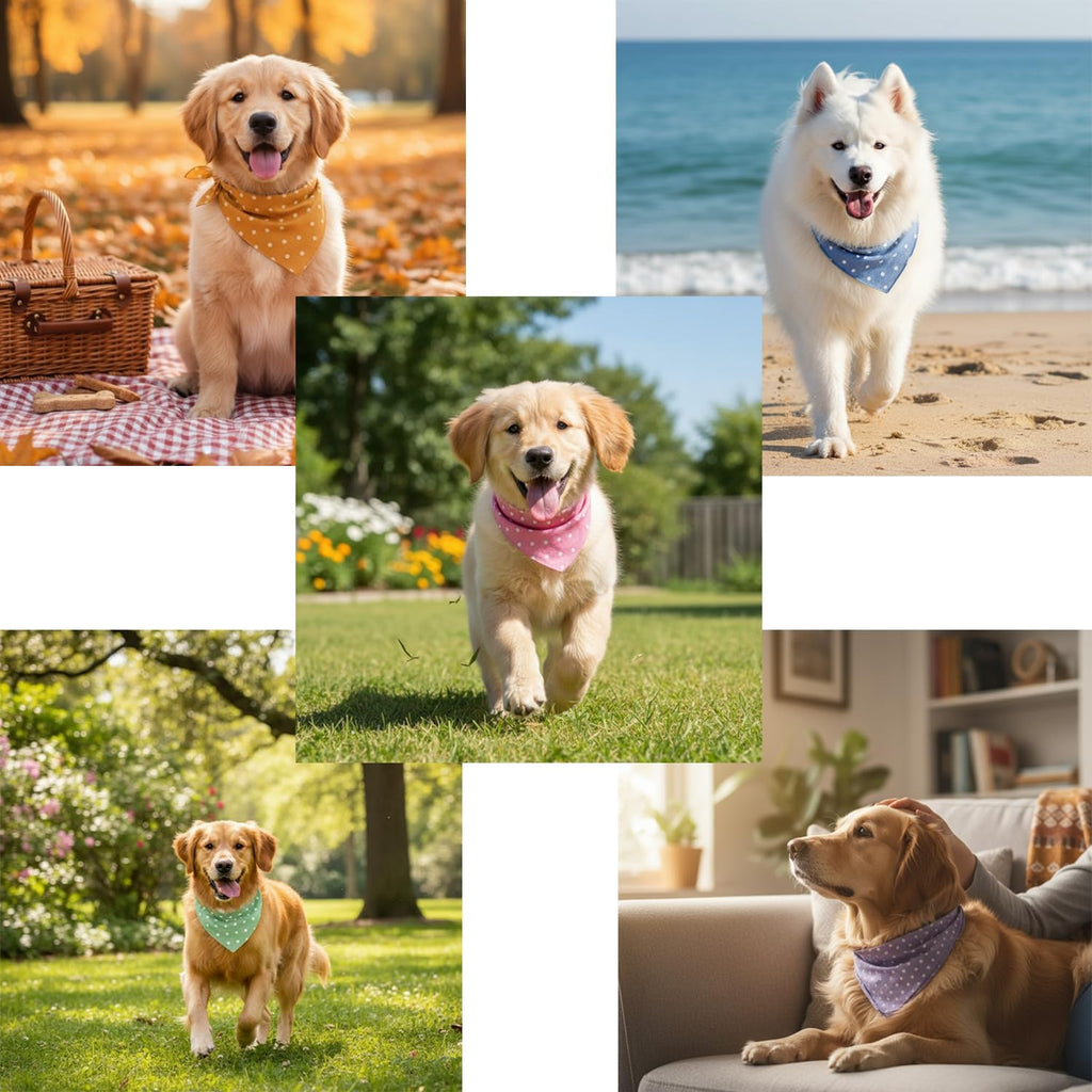 5-Piece Dog Bandanas, Washable Cotton Polka Dots, Reversible, Suitable for Small to Medium Dogs & Cats (Pink+Blue+Yellow+Purple+Green, 17.7 Inches)