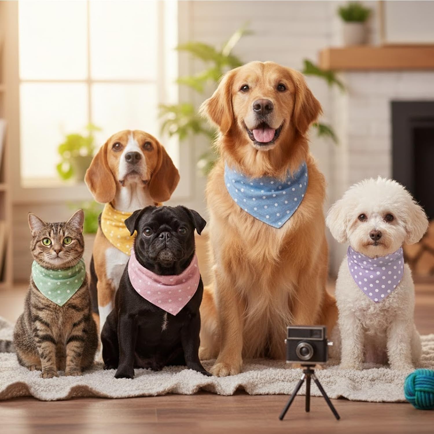 5-Piece Dog Bandanas, Washable Cotton Polka Dots, Reversible, Suitable for Small to Medium Dogs & Cats (Pink+Blue+Yellow+Purple+Green, 17.7 Inches)